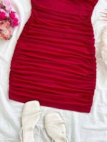 Vestido mini ajustado de punto rojo con hombros descubiertos para mujer, diseño con espalda calada, adecuado para vacaciones, citas, té de la tarde, temporada de bodas, playa, crucero, vacaciones en la ciudad, vacaciones bohemias, festivales de - Rojo 2 - Ver 3
