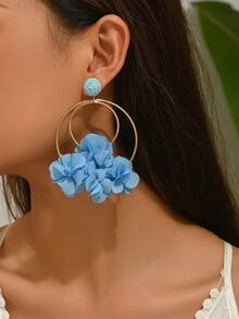 1 Pair Exaggerated Unique Blue Chiffon Flower Tassel Hoop Earrings, Handmade Summer Vacation Style Personalized Fashion Elegant Faux Fabric Flower Earrings Suitable For Women's Daily, Ball, Party And Music Festival Wear - Blue - View 2