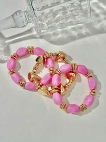 Set de 3 piezas de pulseras de cuentas de resina rosa - Pulseras elásticas apilables con piedras irregulares de tono dorado para mujeres, joyas bohemias en capas como regalo - Rosa - Ver 2