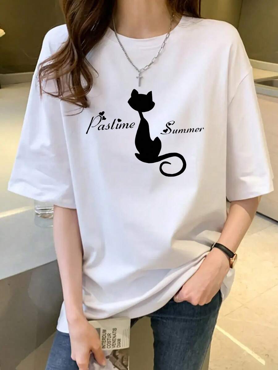 Soft 100% Cotton T-Shirt, White Round Neck, Loose Fit, Versatile, Fashionable, With Cat And Letter Print, Short Sleeve, For Women, Spring And Summer, Breathable, Goes With Everything, Great. - 白色 - 查看 1