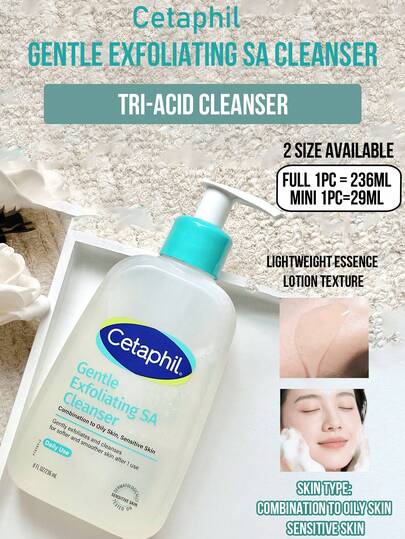 Cetaphil 236毫升正装/29毫升旅行装，温和去角质水杨酸洁面乳，适合混合性至油性肌肤及敏感肌肤。秋冬季温和去角质，帮助改善肤质，减少瑕疵，轻柔平衡油脂分泌，适合油性、易长痘及敏感肌肤。温和去角质，清洁肌肤，使用一次即可令肌肤更柔软光滑。