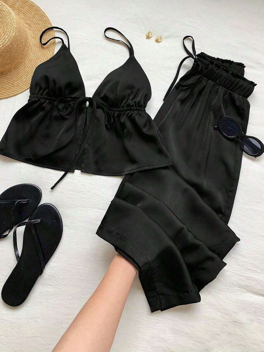 2 piezas Conjunto casual de vacaciones con rayas tejidas amarillas para mujer, /verano - Negro - Ver 1