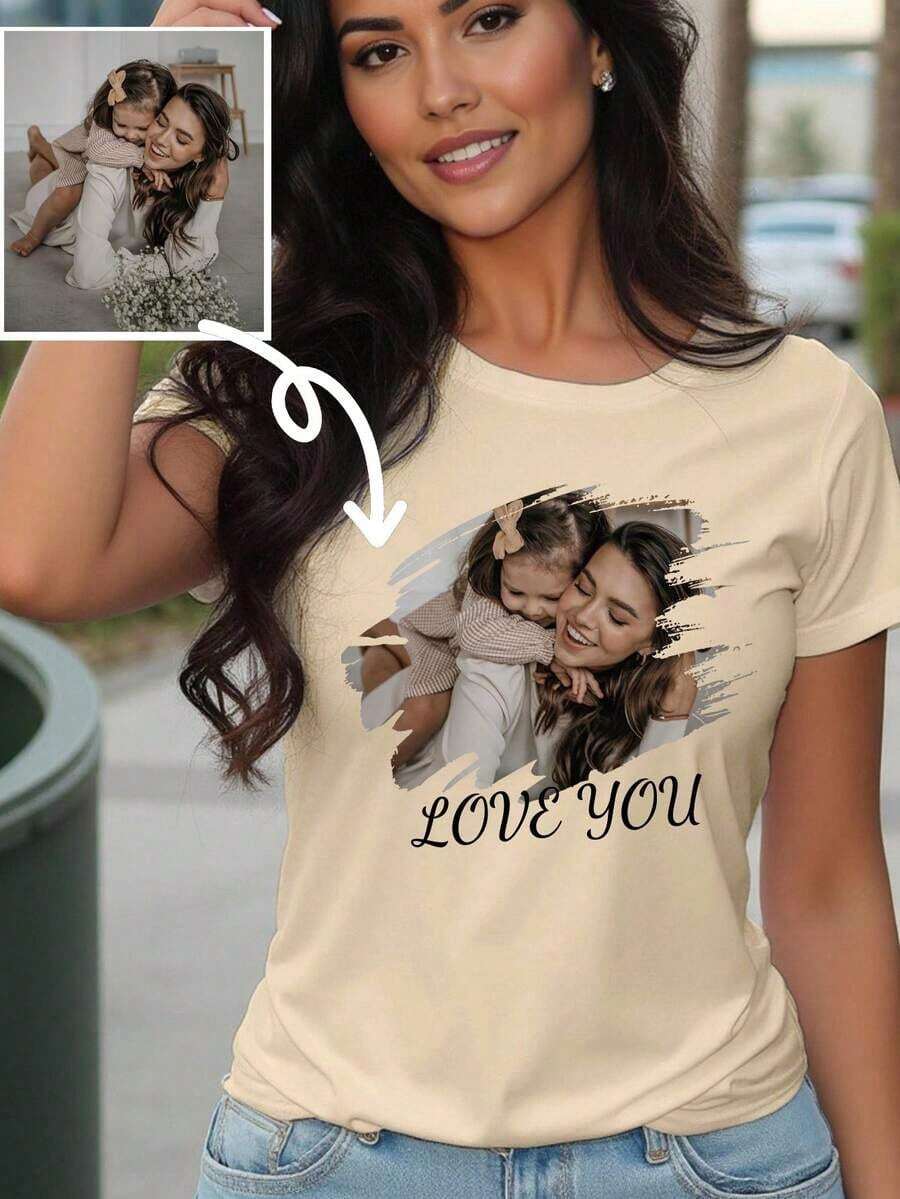Personalized Women's T-Shirt, Sports Top - Add Your Own Text And Images, Simple For Spring/Summer, Customizable (Family Photo/Selfie/Pet Photo/Friend Photo/Party Photo/Parent-Child Photo/Couple Photo) Custom Text/Blessing/Name, Modern, Minimalist, Unique Casual, Casual Sportswear, Surprise Gift, Birthday Gift, Holiday Gift, Party Gift, Wedding Gift, Mother's Day Gift, Best Friend Gift, Gift For Her, Women's Top, Music Festival, Party Gift, Black - 杏色 - 查看 1