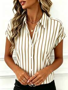 Women's Elegant Polyester Short Sleeve Collared Button Striped Print Shirt/Blouse, Regular Fit, Suitable For Spring/Summer, Daily, Work, Party, Travel, Fashionable & Versatile - Khaki - View 3