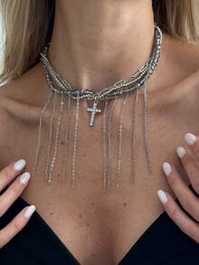 1pc Punk Style Sexy Rhinestone Cross Beaded Pendant Choker Necklace, Charming Dark Vibe Alloy Beaded Cross Necklace For Women, Suitable For Birthday Party, Festival, Daily Wear, Music Festival, Wedding Fashion Jewelry - Collar - View 7