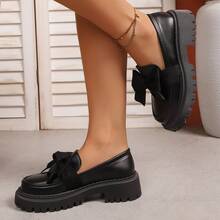 Comfortable And Versatile Platform Loafers For Women, Black With Bow Embellishment, Soft Sole, Comfortable And Height-Increasing, Suitable For Everyday Casual Wear, Parties, And Dates. - màu đen - Xem 10