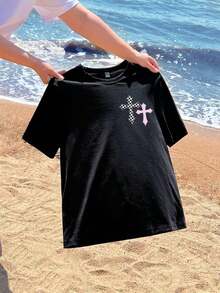 Plaid Cross Graphic Round Neck Short Sleeve T-Shirt, Casual Pullover Tee For , Summer Ropa deportiva estilo Y2K, cuello redondo, 100% algodón, tejido suave, manga corta. - Negro - Ver 3