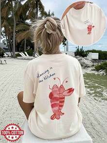 1 Piece [Double-Sided Print] Women's Fashion Casual T-Shirt, Spring/Summer, Watercolor Style, Shrimp, Heart, "Dancing In The Kitchen" Print, Round Neck, Short Sleeve, Pure Cotton, Plus Size, Drop Shoulder [Chu K]2026 - 杏色 - 查看 7