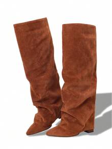 Shark Boots Women's Knee High Boots Fold Over Boots Slouchy Chunky High Heels Shoes Wide Calf Pointed Toe Shoes - 棕色絨面革 - 查看 8