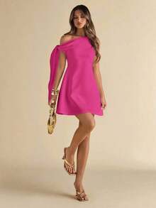 Falda asimétrica elegante de línea A con volantes en el bajo y detalle de lazo en el hombro en diseño ajustado negro para mujer - Rosa - Ver 12