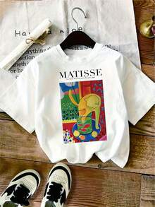 1 camiseta con estampado de arte moderno inspirado en Matisse, cuello redondo informal, manga corta, corte regular, poliéster, lavable a máquina, cómoda para todas las estaciones, ideal para mujeres, perfecta para atuendos casuales, ocasiones festivas y regalos de cumpleaños, ropa festiva.| Camiseta con Estampado Artístico| Top Lavable a Máquina, Ropa de Maternidad Y2k Camiseta Camisa De - Blanco - Ver 10