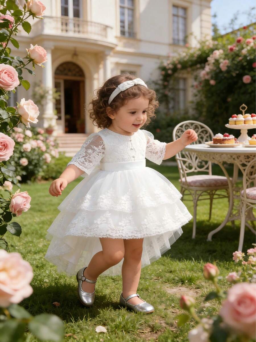 Toddler Girls' Cute Lace Short Sleeve Princess Dress, Tulle Puff Skirt Romper, Birthday Party Holiday Gift Formal Dress - White - View 1