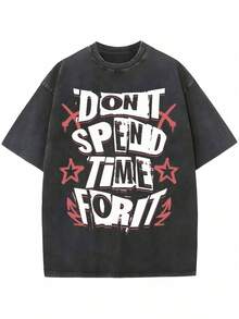 Camiseta estampada de estilo callejero vintage para hombres y mujeres |   Camiseta de manga corta lavada con estampado "NO PIERDAS TIEMPO EN ESO" y motivo de estrella/espada, adecuada para uso diario casual, cuello redondo, corte regular, bajo acampanado. - Negro - Ver 7