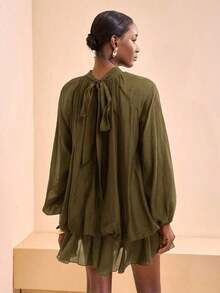 Nuevo vestido mini elegante y glamoroso para mujer con mangas largas de farol, plisado, multicapa y volantes, en color marrón, adecuado para Navidad, Año Nuevo, viajes diarios, festivales, compras, viajes, brunch, ropa de aeropuerto, fiestas, citas, regreso a la escuela, casual, reuniones anuales - Verde militar - Ver 2