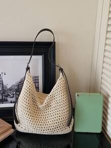 Handmade Woven Straw Shoulder Bag, Minimalist & Fashionable - Beige - View 6