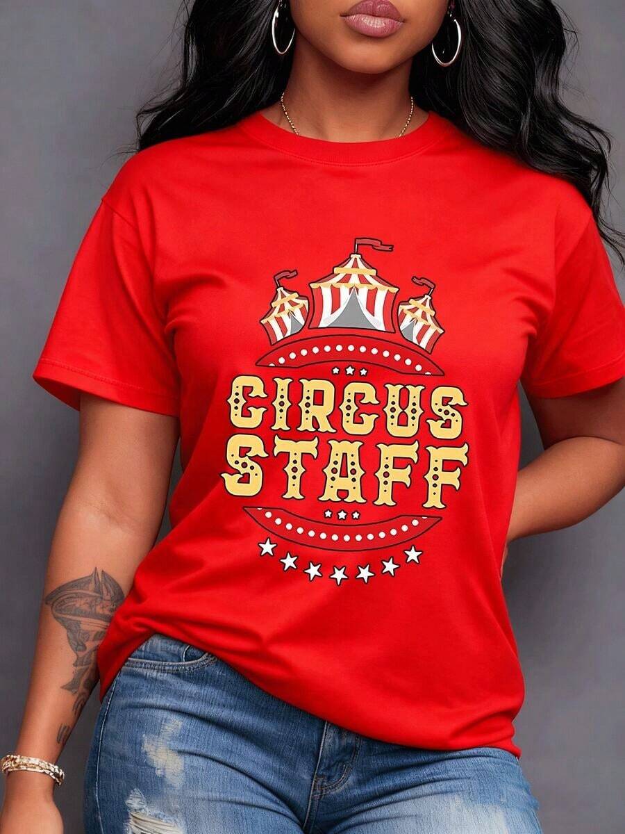 Vibrant Circus Print With Striped Tents And The Text 'CIRCUS STAFF' Symbolizing The Magic Of The Show, Fun, And Team Spirit-Ideal For Adventurous And Festive Women. Women's T-Shirt, 100% Cotton. Vintage Graphic Oversized T-Shirt For Women, Cotton - 紅色的 - 查看 1