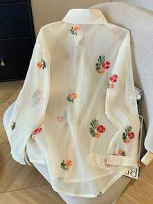 Conjunto de camisa de manga larga de hombros caídos y pantalones cortos de gasa holgada y regular - Amarillo - Ver 2
