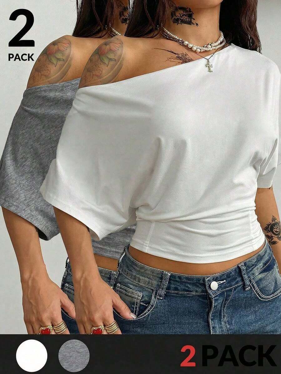 Camiseta esencial de uso diario con cuello asimétrico y cintura ceñida, apta para todo el año, para conciertos y raves con estilo Y2K para mujeres - Multicolor 5 - Ver 1
