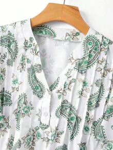 Blusa casual de mujer con estampado de cerezas, cuello plisado y mangas cortas de campana en silueta "H", para uso diario y vacaciones - Verde - Ver 3