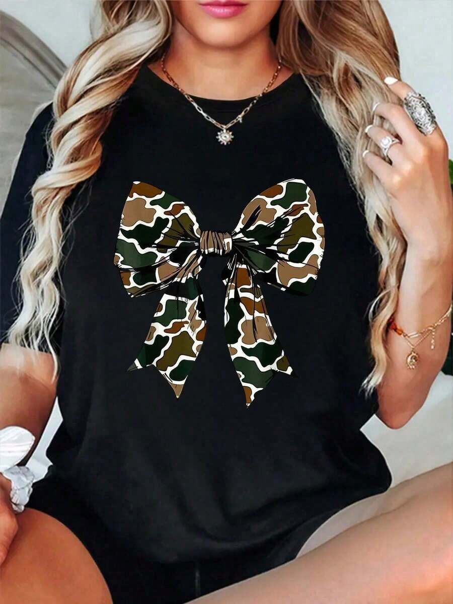 Women's T-Shirts 100% Cotton 2026100% Cotton Camo Coquette Bow Duck Hunt Duck Hunting For Men Women Casual Short Sleeve Graphic T-Shirt Bachelorette Party - Black - View 1