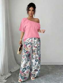 2 piezas Conjunto de top asimétrico de cuello sólido y pantalones con estampado tropical, estilo casual de vacaciones - Rosa - Ver 5