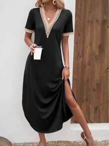 V-Neck Lace Patchwork Split Hem Casual Short Sleeve Dress, Spring/Summer - Black - View 1