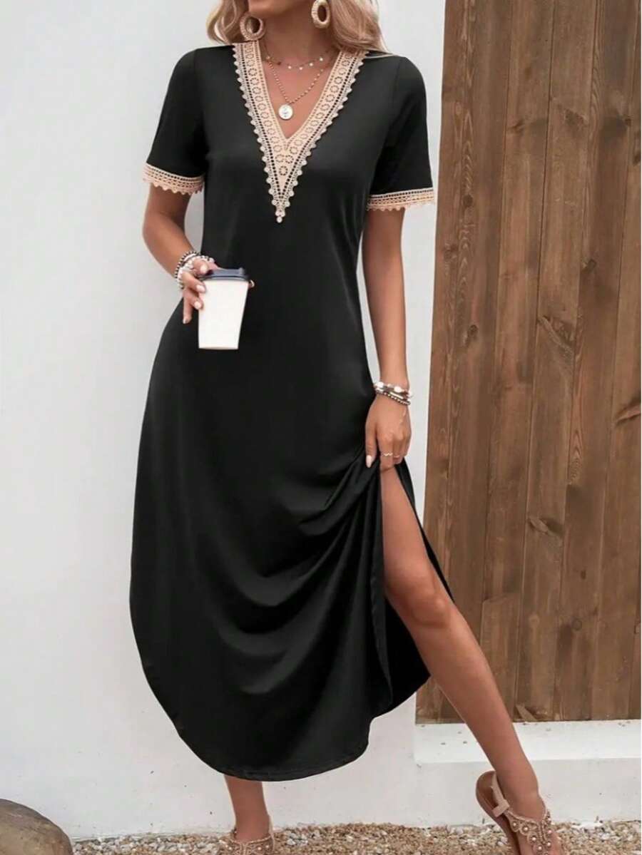 V-Neck Lace Patchwork Split Hem Casual Short Sleeve Dress, Spring/Summer - Black - View 1