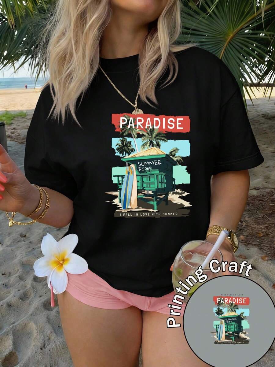 Women's Short-Sleeved T-Shirt, 100% Polyester, Round Neck, Tropical Print Of Hawaiian Hut And Surfboard, Casual Style, Machine Washable, Summer 2026, Ideal For Travel And Everyday Wear - 黑色 - 查看 1