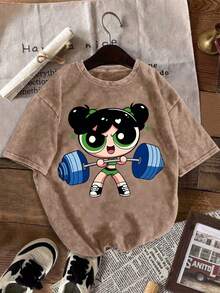 Por WB Warner, Camiseta para mujer estilo lavado desgastado, estampado de pelo de bola de las Supernenas, diseño de estampado loco de planchado en la parte delantera y trasera, moda de primavera y verano, camiseta casual de manga corta y cuello redondo para mujer, versión holgada, multicolor O - Negro - Ver 6