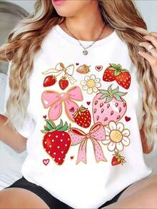 1 Piece Of Women's Casual Summer T-Shirt With Strawberry And Flower Bow Print, Featuring A Heart And Daisy Design. It's A Perfect T-Shirt To Give To Friends And Family On Any Holiday Or Special Occasion. 220g/180g, 100% Cotton. - 白色 - 查看 8