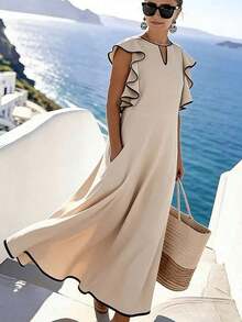 Holidaya Vestido largo de mezcla de lino color albaricoque con ribete de contraste negro, cuello en V, dobladillo con volantes, mangas oversize para mujeres - Albaricoque - Ver 8