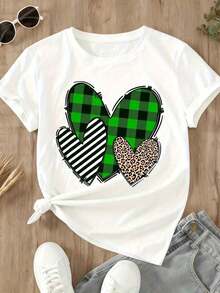 1 Piece Of Women's Casual T-Shirt, Leopard Heart Print, Black Stripes And Green Checks, Summer Top For Daily Wear, 180g, 100% Cotton. - 黑色 - 查看 10