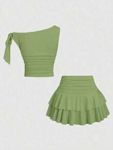 Conjunto de top de tirantes y minifalda plisada y con decoración de flores metálicas para mujer, ideal para el verano - Verde - Ver 2