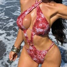Traje de baño de una pieza para mujer con estampado tie-dye aleatorio, sexy, con escote halter cruzado, calado y aros de soporte - Multicolor - Ver 4