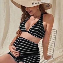 Swim Vcay Conjunto de bikini a rayas de halter de maternidad para la playa de verano, traje de baño de maternidad - 01 - Ver 2