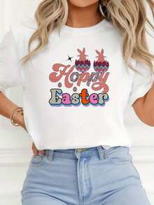 Camiseta con Estampado de Conejo de Pascua y Huevo - Camiseta de Manga Corta con Cuello Redondo y Diseño de Lazo Rosa, Atuendo Casual Blanco para Primavera, Blusa Lavable a Máquina con Letras Rosas/Verdes/Morado para Fiesta de Búsqueda de Huevos de Pascua - Blanco - Ver 1