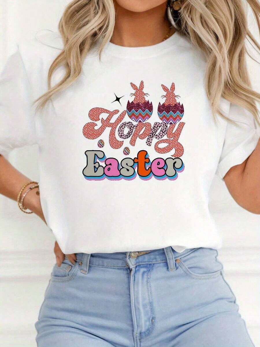 Camiseta con Estampado de Conejo de Pascua y Huevo - Camiseta de Manga Corta con Cuello Redondo y Diseño de Lazo Rosa, Atuendo Casual Blanco para Primavera, Blusa Lavable a Máquina con Letras Rosas/Verdes/Morado para Fiesta de Búsqueda de Huevos de Pascua - Blanco - Ver 1