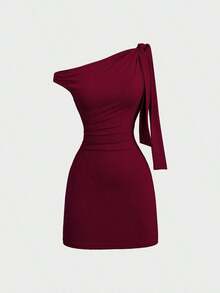 Sweetro Vestido ajustado sexy con volantes en el hombro oblicuo, que ciñe la cintura, estilo francés chic, minifalda ajustado - Rojo - Ver 1