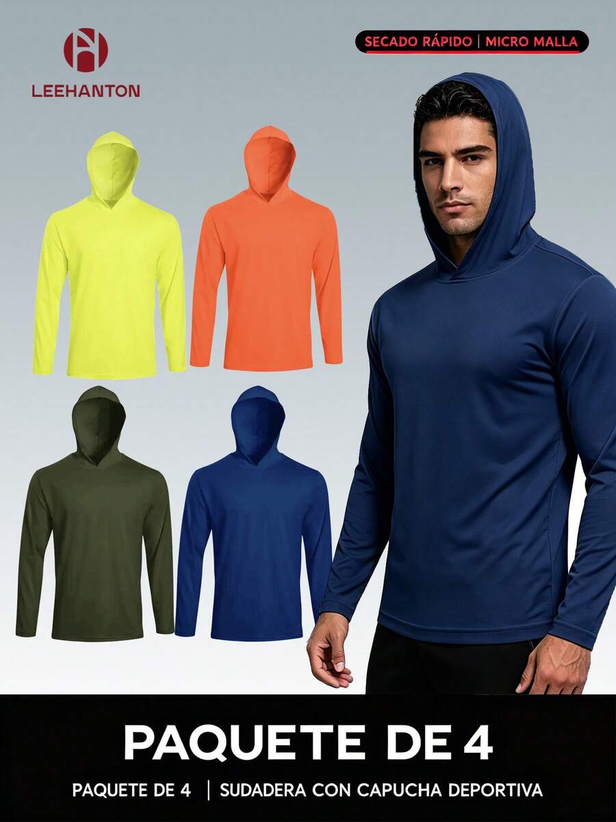 Pack Of 4 Men's Long Sleeve Hooded T-Shirts, 150gsm Micro Polyester Mesh, Breathable, 8 Colors - 黃/橙/寶藍/軍綠 - 查看 1