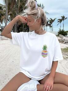 Fashionable And Personalized Y2K Women's T-Shirt, 180g Pure Cotton, Loose-Fitting Short-Sleeved Top, Urban Style Elegance, Casual And Breathable For Everyday Wear, Creative Summer Print, Outdoor Sports Gift, Bohemian Style, Pineapple, Leaves, Gold Thread. - 白色 - 查看 2