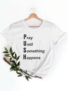 Camiseta de moda de mujer en blanco con estampado frontal: 'Reza hasta que suceda ao' - I para el uso cotidiano cómodo y informal - Blanco - Ver 2