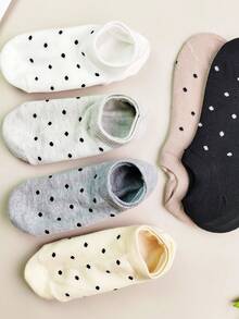 1/5 Pairs Women Polka Dot Casual Boat Socks, Black/White Invisible Short Ankle Socks, Polka Dot Invisible Socks, Random Color (No Cardboard) - Multicolor - View 4