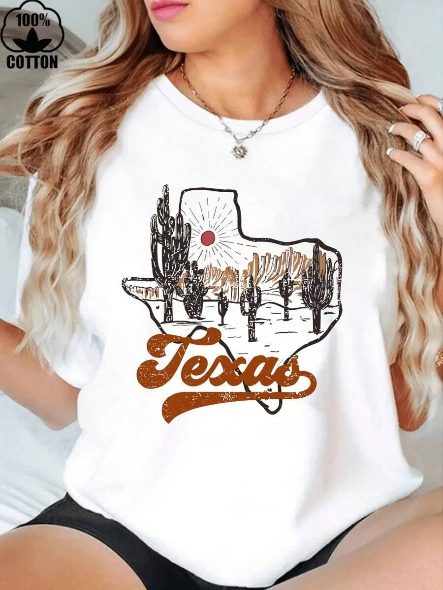 1 Piece Elain Moda 1 Piece Texas T-Shirt 100% Cotton, Texas T-Shirt, Vintage Inspired Texas Cotton T-Shirt, Desert T-Shirt, Thick Cotton T-Shirt With Halloween Print For Women, 180g 100% Cotton, All Designs Are Printed. Unisex. - 白色 - 查看 1