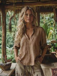 Women's Fashionable Elegant Casual Loose Solid Color Top, Suitable For All Seasons Spring - Coffee Brown - View 1