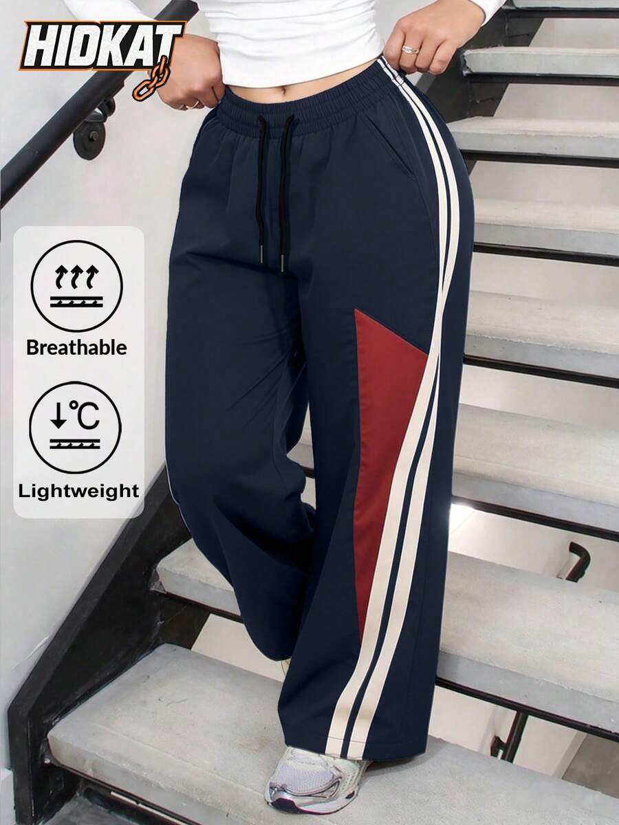 Hidkat Neue Damenhosen im Casual-Stil, farbblockiges Streifendesign, bequeme, atmungsaktive, weite Hosen mit fallendem Bein, geeignet für lässigen Alltag und Sport