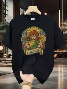 Casual T-Shirt, 100% Cotton, Men's Short Sleeve, Crew Neck, Digital Print, Comfortable For All Seasons, Machine Washable, Ideal For Everyday Wear, Crew Neck, Circular Design, Casual Summer T-Shirt, Muscle Freaks Sarcasm Style Daria Women's T-Shirt, 100% Cotton, Durable - 黑色 - 查看 1