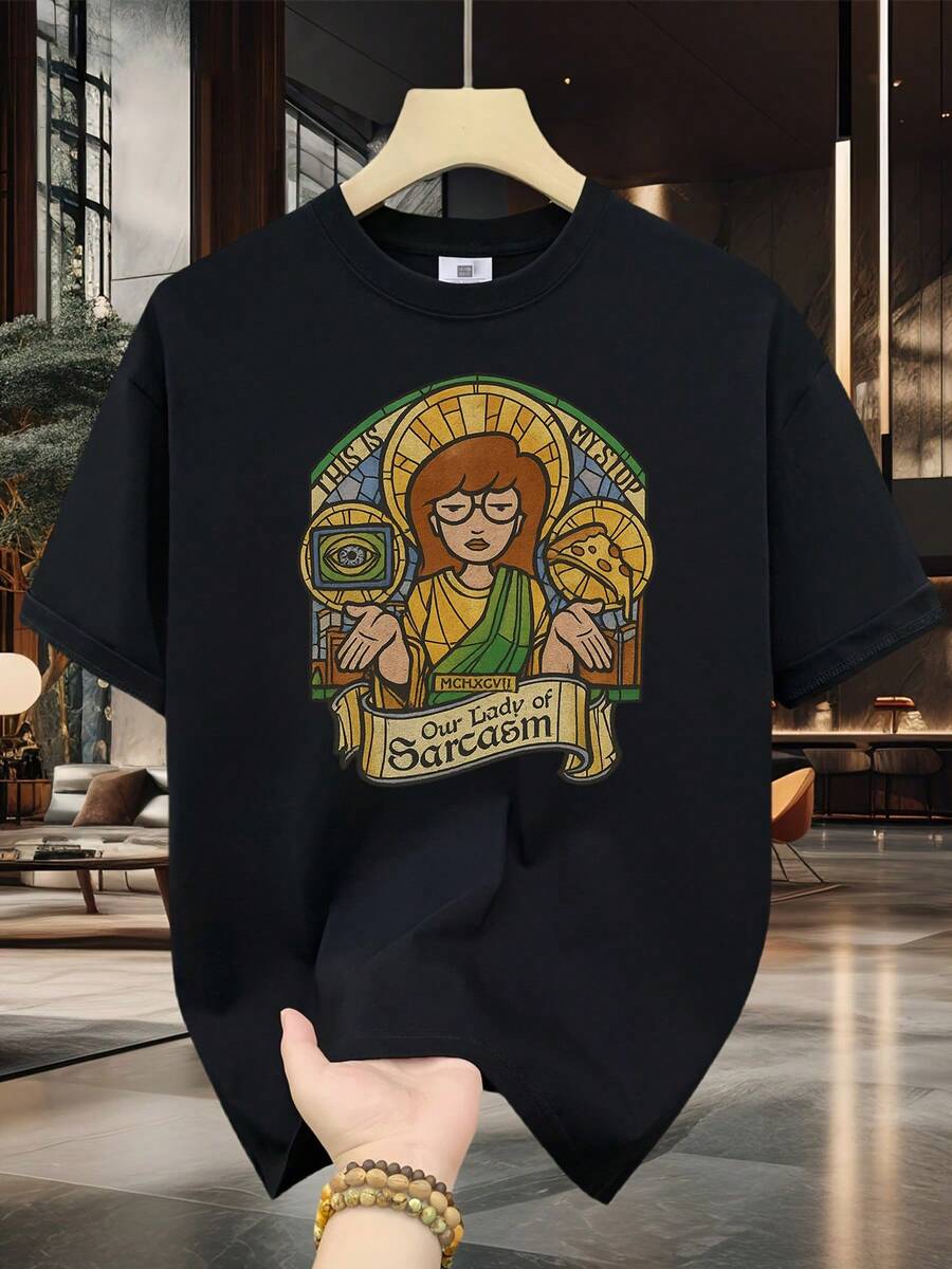 Casual T-Shirt, 100% Cotton, Men's Short Sleeve, Crew Neck, Digital Print, Comfortable For All Seasons, Machine Washable, Ideal For Everyday Wear, Crew Neck, Circular Design, Casual Summer T-Shirt, Muscle Freaks Sarcasm Style Daria Women's T-Shirt, 100% Cotton, Durable - 黑色 - 查看 1