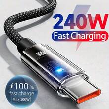 PD 240W 超快充电线 6A，USB-A 转 Type-C 编织线带 LED 指示灯，高速同步，适用于 15/16 系列、笔记本电脑 - 黑色 - 查看 7