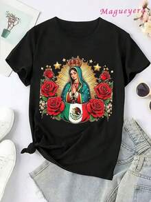GiftMujer estilo casual estampado Virgen de Guadalupe holgado cuello redondo manga corta primavera verano uso diario camisetaSoft - Negro - Ver 3