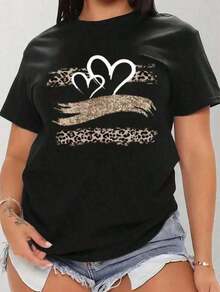 GiftLightweight Camiseta de Mujer Roja con Estampado de Leopardo y Corazón Brillante, Manga Corta y Cuello Redondo para Verano y Primavera, Tejido de Punto de Poliéster, Diseño Audaz y Elegant100%CottonSoft - Negro - Ver 1